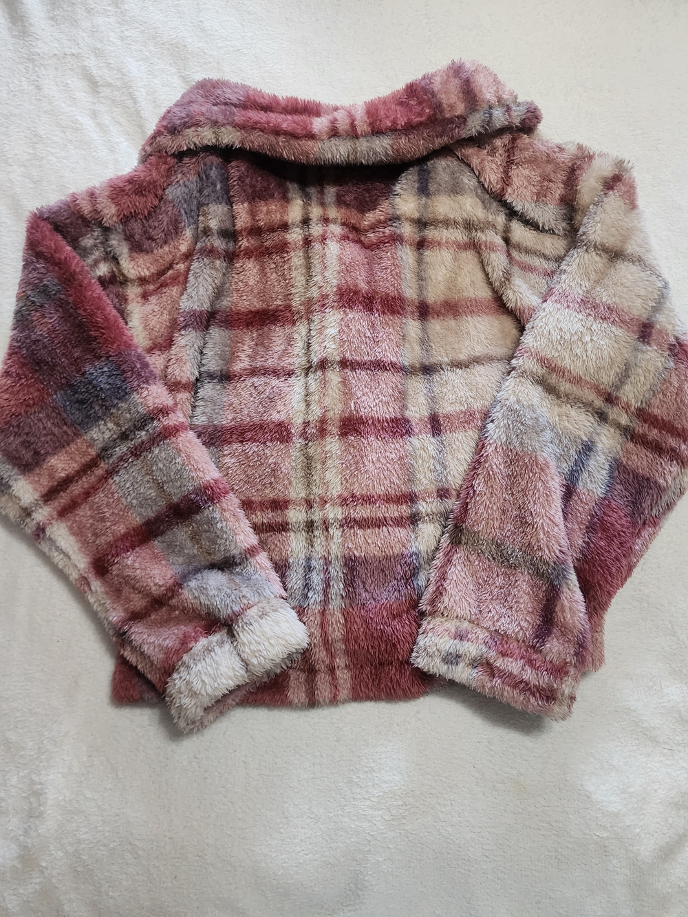 New In Fleece Plaid Jacket Women Size S Pink Burgundy Fuzzy Teddy Coat - Picture 2 of 9